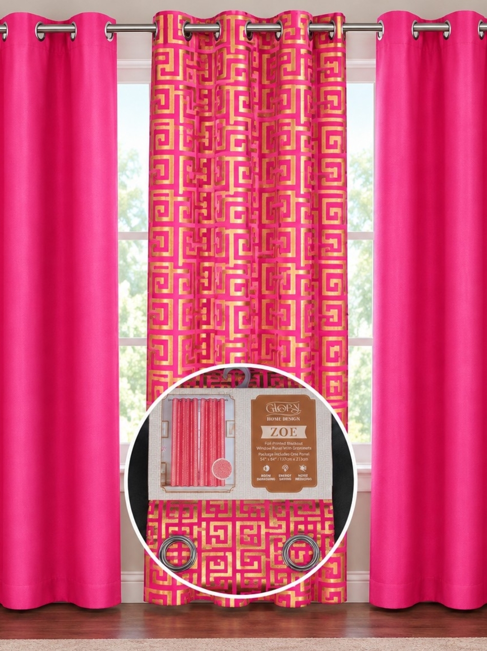 Hot Pink and Gold Grommet Window Curtain Panel 54x84